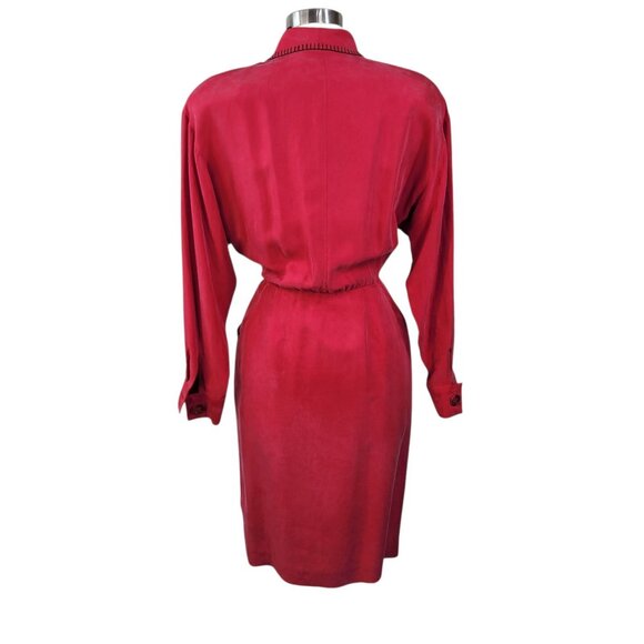 Vintage 100% Silk Power Suit Jacket Dress Size 6 Midi Top Red Wrap Pockets 80s - Picture 7 of 11